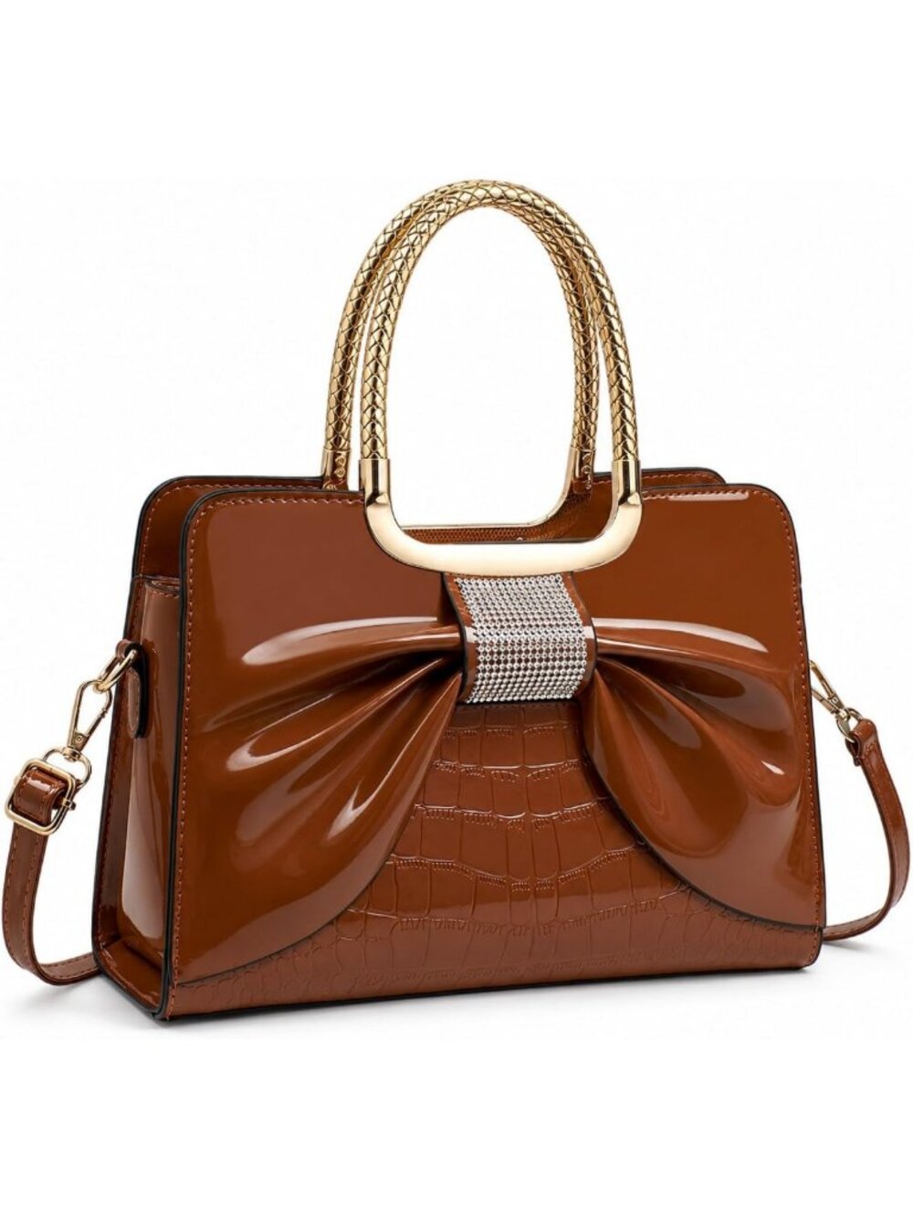 Glossy Patent Leather Satchel Handbag - Medium Structured Tote with Adjustable